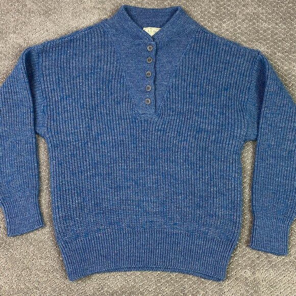 Vintage LL Bean High Trek Yarn Sweater Mens Large Blue Commando Henley Fisherman - Picture 1 of 11